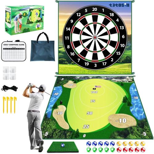 Golf Chipping Game with Hitting Mat, 70x70 Double Sided Golf Practice Mat Kits with 20 Sticky Balls, Indoor Outdoor Golf Training Accessories for Adult Family Yard Game (No Club)
