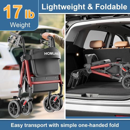 HOMLAND Rollator Walker for Seniors with Seat, Foldable Lightweight Aluminum Rolling Walker with 8 All-Terrain Wheels, Adjustable Height, Storage Bag & Hand Brakes, Ergonomic Indoor Outdoor Aid