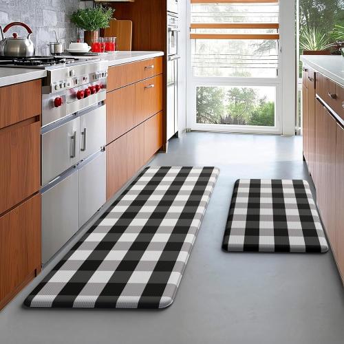 MAYHMYO 2 PCS Anti Fatigue Rugs Non Skid Waterproof Floor Mat Cushioned Black and White Buffalo Plaid Farmhouse Comfort Standing Kitchen Mats for Floor, House, Sink, Office, 17.3x29 17.3x47