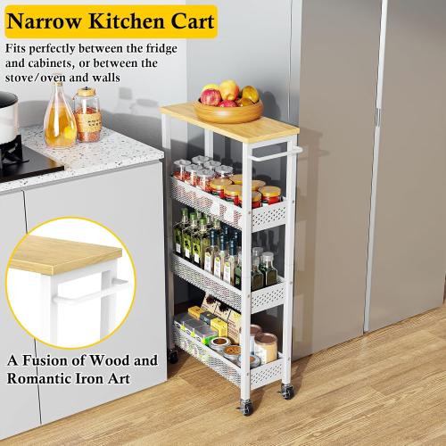 Utility Slim Storage Cart, 4 Tier Small Rolling Kitchen Laundry Room Cart with Wood Top, Metal Narrow Bathroom Storage Cabinet Mobile Shelf Unit Organizer Trolley with Handle for Narrow Space