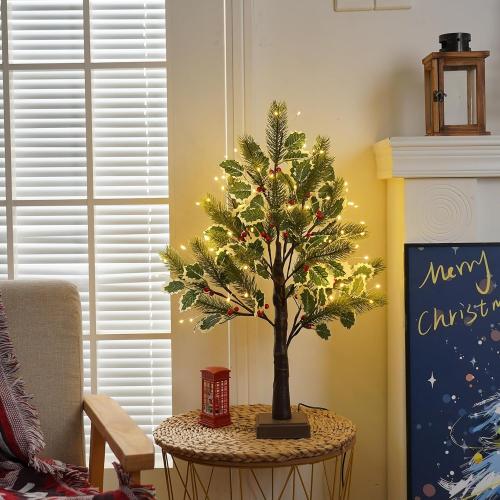 2 FT Christmas Tree with 72 LED Lights, Christmas Decorations Indoor, Fairy Light Spirit Tree for Home Decor, Lighted Birch Trees with Pine Needles, USB and 3AA Battery and Timer（Warm White）