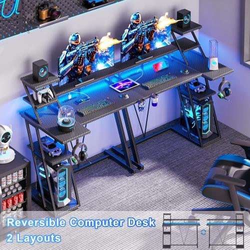40 Inch Black Carbon Fiber Gaming Desk with LED Lights & Power Outlet, Small Gaming Computer Desk with Storage Shelves, L Shaped Gamer Workstations with Monitor Stand for Bedroom