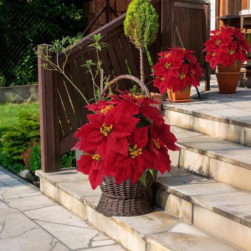 16“ Artificial Poinsettias Flowers for Outdoors Red Faux Christmas Poinsettia Plant 11 Heads Winter Flowers for Front Porch Garden Yard Patio Decor