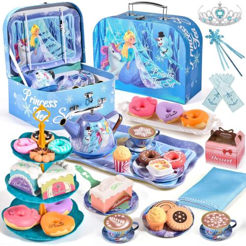 Blue and Purple 49Pc Golray Tea Party Set for Little Girls Toys, 49Pcs Kid Tin Tea Set & Luxury Food Playset & Carry Case, Kitchen Pretend Play Toy 3-5 Years Toddler Girls Birthday Gift