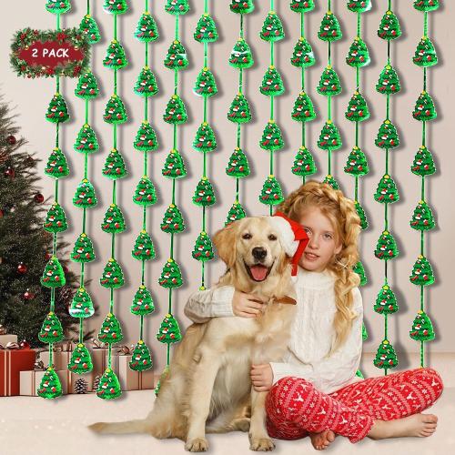 Christmas Party Backdrop Decorations 2 Pack 3.3x6.6ft Red Silver Green Photobooth Props Christmas Tree Pattern Metallic Tinsel Streamer Foil Fringe Curtains for Wall Door Ugly Sweater New Year