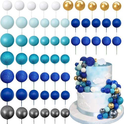56 PCS Colorful Ball Shaped Cake Topper Pearl Balls Cupcake Cake Insert Topper for Birthday Party Wedding Decoration Supplies Blue Series Eight Colors