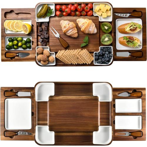 Upgraded Acacia Cheese Board Set, Square Shaped Charcuterie Set, Cheese Platter, Handcrafted Design and Stainless Steel Cutlery Set - Gift for Any Occasion No Engraving
