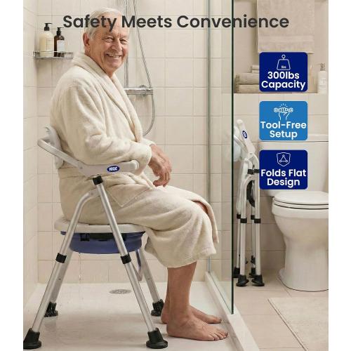 VOCIC Folding Shower Chair for Inside Shower, Lab-Tested 300lbs Heavy Duty Shower Seat for Elderly & Disabled, Flip-Up Arms, Cutout Seat, Height Adjustable Back & Legs, Portable Shower Commode Chair