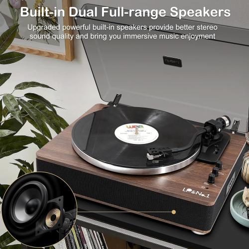 Color Brown and Black LP&No.1 Vinyl Record Player with Built-in Speakers, Vinyl Turntable with Magnetic Cartridge, Wireless,USB Recording and Playback,BT Out, Aux-in, Headphone Output,Auto Off, AT-3600L, 2-Speed Player