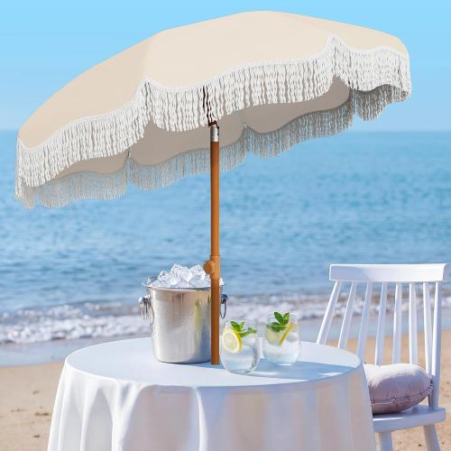 AreShark 7ft Patio Umbrella with Fringe, UPF50  Beach Umbrella for Table, Pool & Garden, Portable Outdoor Tassels Umbrella w/Fiberglass Ribs&Push Bottom Tilt(Ivory)