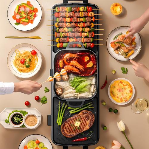 2250W Electric Grill and Hot Pot Combo, 29 x 9.5 Inch Smokeless Indoor BBQ Grill with Easy to Clean, Dual Zone Temperature Control, Includes Food Tongs, Oil Brush, Soup Spoon, Strainer Black