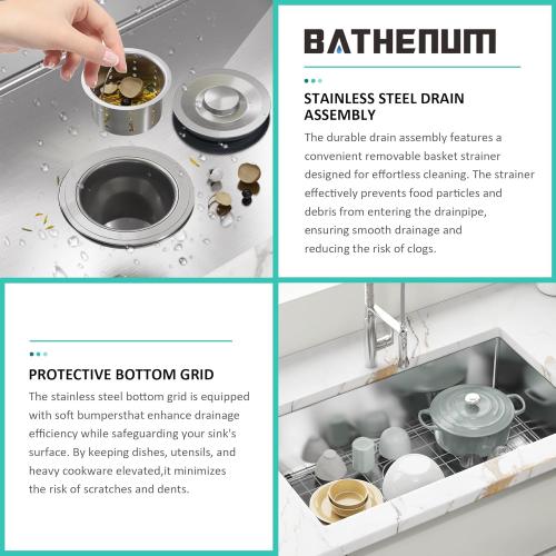 30-inch Undermount Single Bowel Kitchen Sink, Handmade 16 Gauge Stainless Steel Kitchen Sink 30  x 18 Deep Sink with Drain Kit and Bottom Grid, Brushed