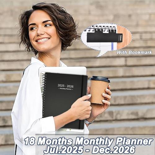 Monthly Planner 2026 (7.4'' x 9.6''), Jul 2025-Dec 2026, 18 Months Calendar Academic Planner, Agenda with Bookmark & Pocket, Perfect for School & Work, 120GSM Paper, Black