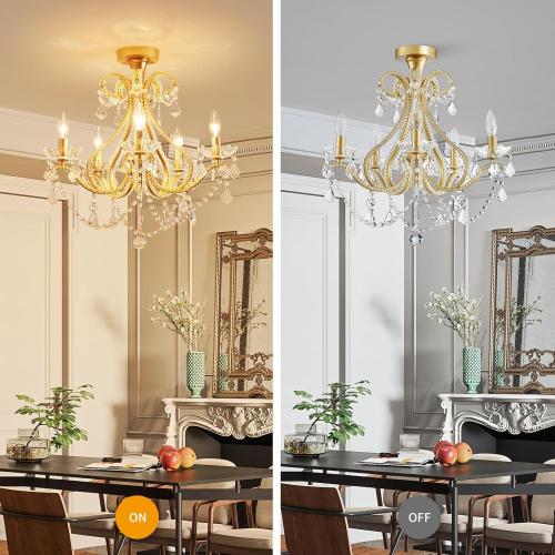 WUZUPS 5-Light Crystal Candle Chandelier Flushmount Ceiling Light Modern Lighting Fixture for Bedroom Hallway Bar Kitchen Bathroom, H 20.9 W 22, E12 Base, Gold