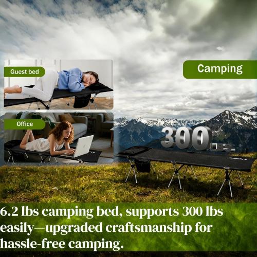 Ultra-Light Compact Camping Cot for Adults & Kids, Foldable Sleeping Design with 2-in-1 Height Adjustment, Portable Travel Style Supports 300 lbs, 75x26x15.8 Inches, Black | Flyernature