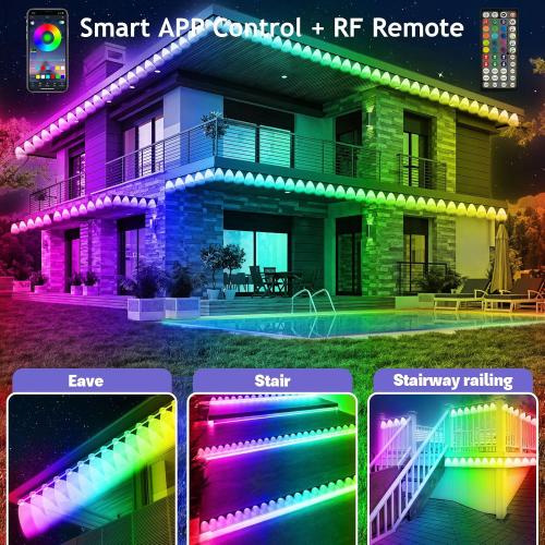300FT Permanent Outdoor RGB Lights - IP67 Waterproof with Smart App Control Remote, DIY Scene Modes, Music Synchronization, Eaves Light for Garden Decor, Deck, Christmas, Party, Party, Halloween,Roof