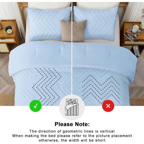 Andency Light Blue Comforter Set Full Size, Boho Soft Warm Tufted Neutral Bedding Comforter Sets for Full Bed, Aesthetic Chevron Cute Bohemian Textured Bedding Set