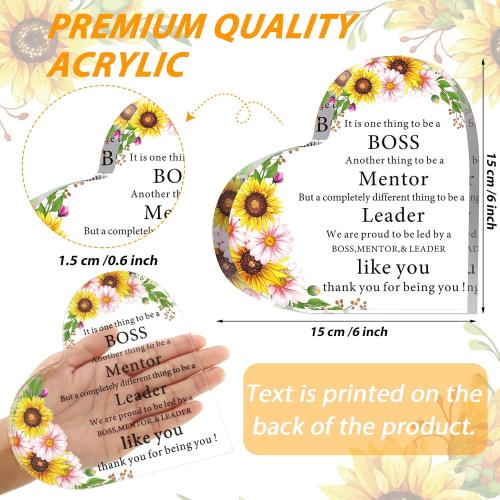 Yulejo Christmas Gift for Boss Work Boss Day Gifts for Women Men Heart Shape Acrylic Plaque Boss Paperweight Gift Thank You Boss Lady Office Desk Gift for Birthday Appreciation Retirement (Sunflower)