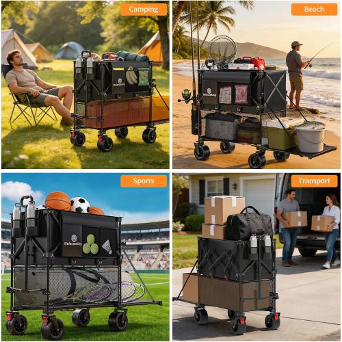 480L Double Decker Wagon, 58 L Extended Foldable Utility Cart with Tailgate, Big All-Terrain Wheels with Brakes, 520lbs Heavy Duty Collapsible Wagon for Camping Beach Sports Grocery Pets