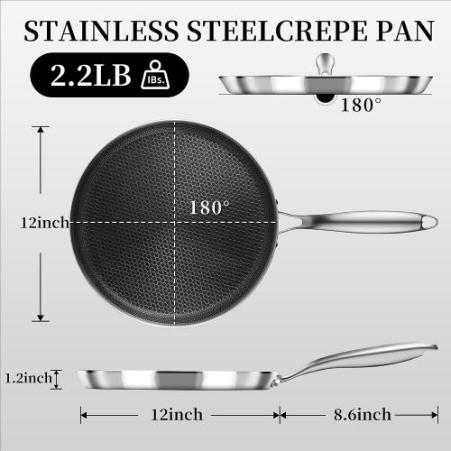 Innerwell 12 Inch Stainless Steel Crepe Pan,Nonstick dosa tawa | Honeycomb nonstick coating, PFOA-free.Compatible with All Stoves. Easy to clean.Oven Safe&Dishwasher Safe