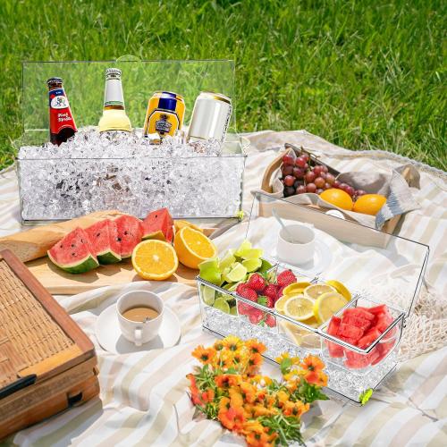 Jucoan Large Ice Chilled Condiment Server with Lid, 4 Compartments Chilled Condiment Caddy, Bar Garnish Serving Platter Holder Tray for Mimosa Taco Salad Bar, 2 Tongs, 6 Forks