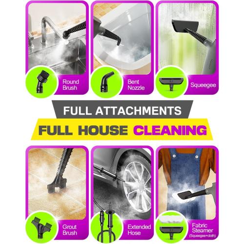 POPCHOSE Handheld Steam Cleaner for Home, Portable Pressurized Steamer for Cleaning Grout, Surfaces, Bathroom, Couch, 20S Fast Heat Up, 12 Accessories, Steam Adjustable, Safety Lock, Graypurple