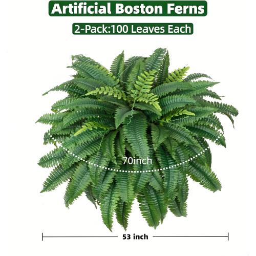 2 Pcs 53 Large Artificial Boston Fern For Outdoor,100 Leaves Each Full & Lifelike Fake Fern Plants For Outside,UV Resistant Faux Fern For Hanging Planters, Porch, Patio Poolside Indoor Outdoor Decor