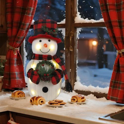 Christmas Lighted Snowman, 12 With Wreath Table Decorations, Red Black Plaid Xmas Decor for Home Kitchen Holiday Party