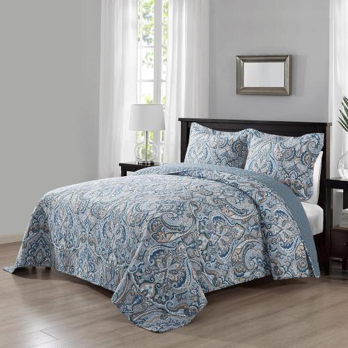 Blue and Brown Cotton Bedspread Quilt Sets-Reversible Patchwork Coverlet Set, Floral Pattern