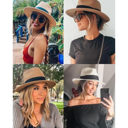 Womens Mens Wide Brim Straw Panama Hat Fedora Summer Beach Sun Hats UPF Straw Hat for Women