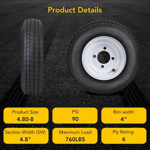 4.80-8 4.80x8 480-8 4.80-8 Trailer Tires with 8 in Rims, 4 Lug on 4 in, Load Range C, 6PR