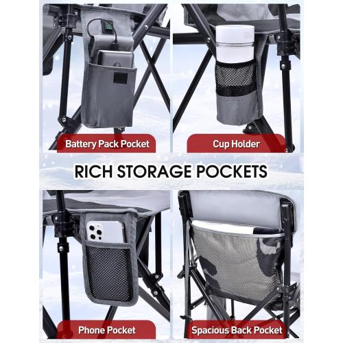 Docusvect Heated Camping Chair for Adults, Heats Back and Seat, 3 Heat Levels, Fully Padded Heated Folding Chair for Outdoor Sports with Cup Holder, Rich Pockets, Battery NOT Included
