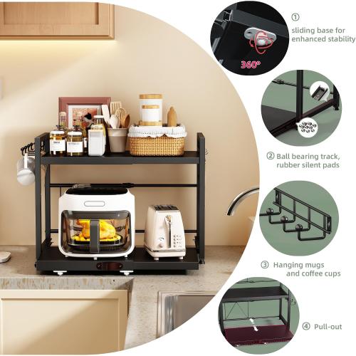 NETEL Expandable Microwave Stand countertop,2 Tier Metal Kitchen Countertop Organizer Shelves with 8 Hooks,Bakers Rack,Microwave Shelf with Drawers and Cup Holders,55lbs Weight Capacity,Black