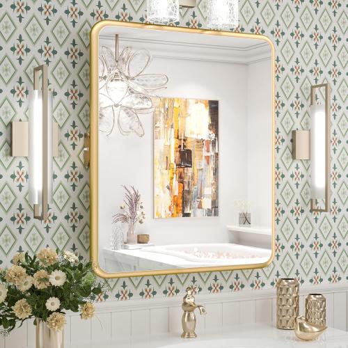 TokeShimi 22 x 26 Inch Brushed Gold Pivot Bathroom Mirror Horizontal/Vertical for Wall Vanity Rectangle Farmhouse Non-Rusting Aluminum Alloy Frame Tilting Up or Down by 10°, Distance from Wall 3.4IN