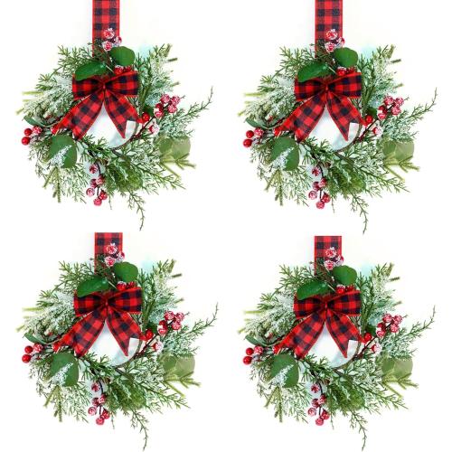 4 Pcs 9.5 Mini Christmas Wreath for Cabinets, Christmas Wreath for Kitchen Decor, Mini Wreaths with Ribbon and Cherry, Door or Kitchen Decor