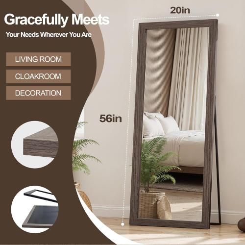 Size 56x20 Color brown Full Length Wooden Mirror for Wall or Floor, 56x20 Rustic Farmhouse Solid Wood Frame with Stand, Large Rectangular Wall-Mounted or Leaning Mirror for Bedroom, Living Room, Entryway