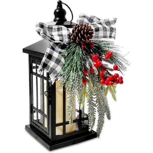 Christmas Decorative Lantern w/LED Flickering Flameless Candle - 14 Inch, Antiqued Vintage Lantern with Xmas Ornament for Outside Indoor Table Holiday Party Decorations