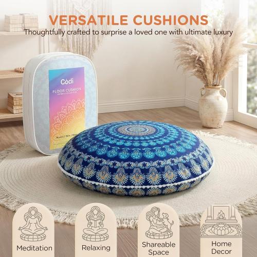 Codi Meditation Floor Pillow, Round Large Pillows Seating for Adults, Bohemian Mandala Circle Cushion for Outdoor Fireplace Yoga Living Room, 32 Inch, Memory Foam Added, Navy