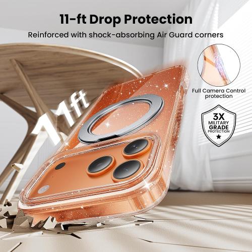 360°Ring Stand for iPhone 17 Pro Max Case，Anti-Yellowing，Clear Glitter | Includes Screen and Camera Lens Protectors*1，Fit for MagSafe, Scratch-Resistant Back Phone Case for iPhone 17 Pro Max 6.9