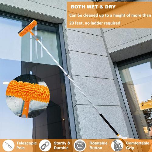 20 Ft  Reach 2 In 1 Window Squeegee Duster with 5-to-12 Foot Extension Pole, Cleaner Tool with 3-Stage Telescoping Pole, Cleaning Kit with Rotatable Head - Chenille Cloth   Microfibre Cloths Head