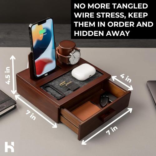 Holme & Hadfield Premium Wooden Phone Docking Station with Drawer – Nightstand Organizer for Charging Phone – Declutter Your Space with Felt-Lined Protection & Watch Pillar - Gift For Men‼️COLOR:BLACK (missing 1 cable gripper) ‼️