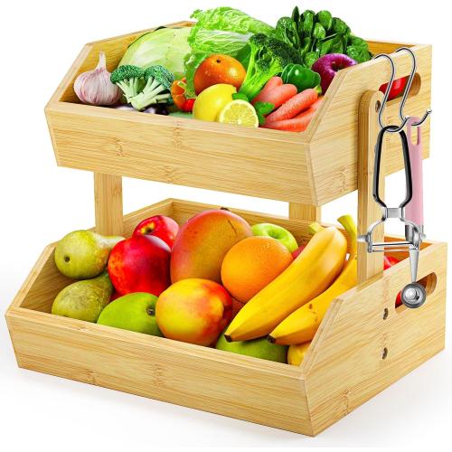 2-Tier Bamboo Fruit Basket, Fruit Basket for Kitchen Fruit Holder, Fruteros Para Cocina, Fruit Bowl for Onion Potato Bread Snack and Kitchen Countertop Organizer