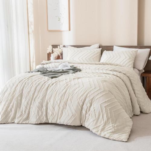 Beige 3 Pc Andency King Size Comforter Set Beige, Boho Cream Soft Warm Tufted Neutral Bedding Comforter Sets for King Size Bed, 3 Pieces Aesthetic Chevron Farmhouse Cute Bohemian Textured Bedding Set