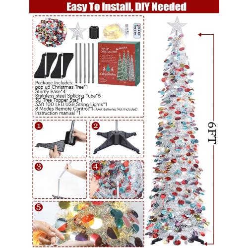 HMASYO 6 FT Pop Up Christmas Tree with 100 LED Lights & Remote, Silver Christmas Tinsel Tree, Collapsible Artificial Pencil Tree for Home Office Party Decor, USB Powered Timer Lights, Easy Assembly