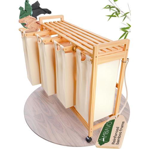 Laundry Sorter with 4 Sections beige, Hamper with Removable Cotton Bags & Wheels – Perfect Laundry Organizer - Eco-Friendly Rolling Laundry Basket – Durable Bamboo and Stylish Design