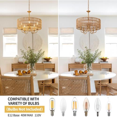 5-Light Boho Large Rattan Chandelier Light Fixture, Gold Rattan Chandeliers for Dining Room with Hand Woven Shade, Farmhouse Rustic Drum Hanging Pendant Light Fixture for Living Room, Hallway, Foyer