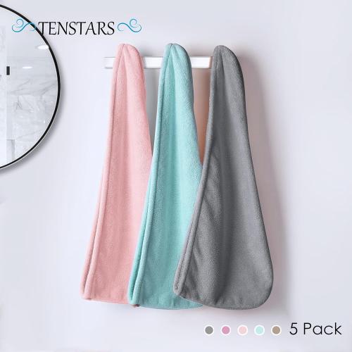TENSTARS 5 Pack Thicken Microfiber Hair Towel Wrap for Women - Elastic Loop Design - 320GSM Coral Velvet - Quick Dry Hair Turban - 11x28 Inch (Grey Pink Brown FrozenBlue FrozenBerry)