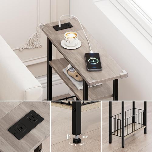 Vagusicc Narrow Side Table with Charging Station, Skinny Side End Table for Couch, 3-Tier Small End Tables for Small Spaces, 25.2 Tall Slim Nightstand Bedside Table for Living Room, Bedroom, Greige