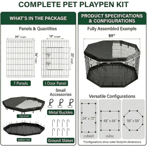 PJYuCien Dog Playpen with Top Cover and Bottom Pad - Metal Foldable Exercise Pen, 8 Panels 36 H x 24 W Indoor Outdoor Pet Fence Puppy Crate Kennel, Black