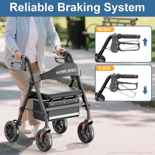 HOMLAND Foldable Walker for Seniors with Seat, 17lb Lightweight, Ergonomic | 350lb Capacity, 8 All-Terrain Wheels, Adjustable Height, Easy to Assemble, Ergonomic Seat, Lightweight Aluminum Frame, Black